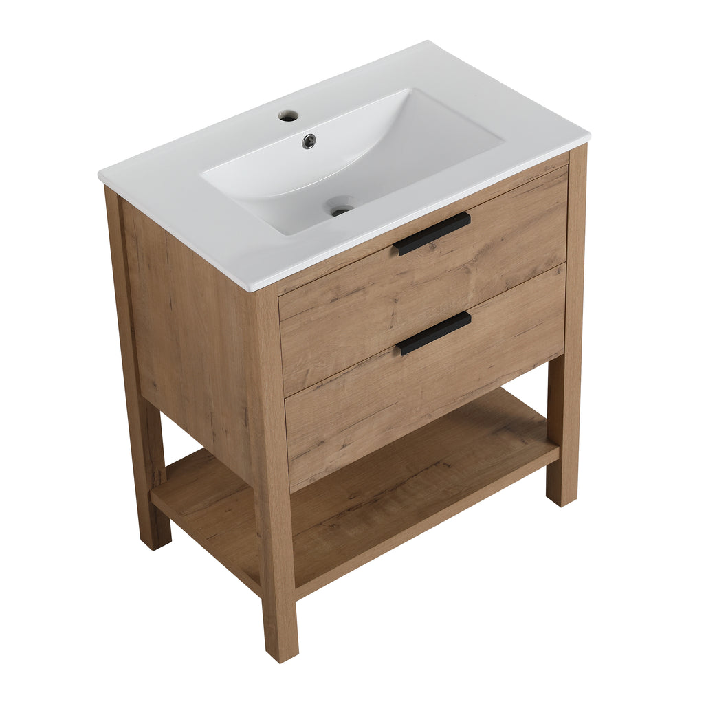 30" Freestanding Bathroom Vanity in Oak Finish with 2 Soft-Close Drawers