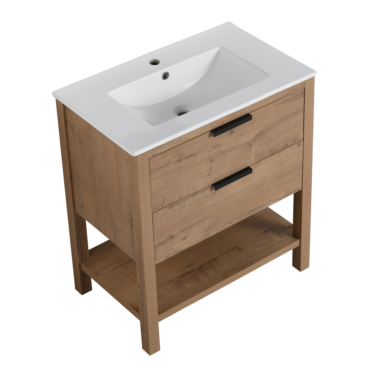 30" Freestanding Bathroom Vanity in Oak Finish with 2 Soft-Close Drawers