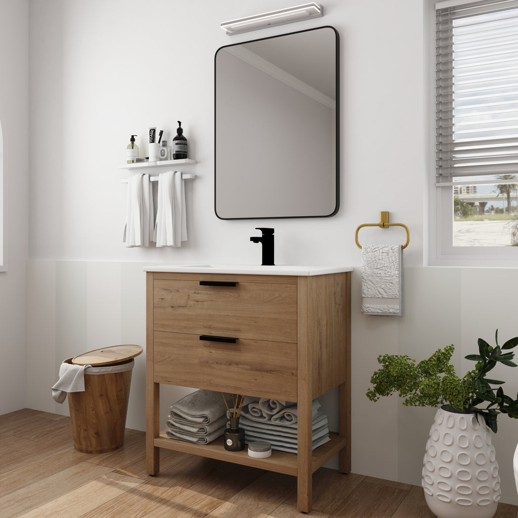 30" Freestanding Bathroom Vanity in Oak Finish with 2 Soft-Close Drawers