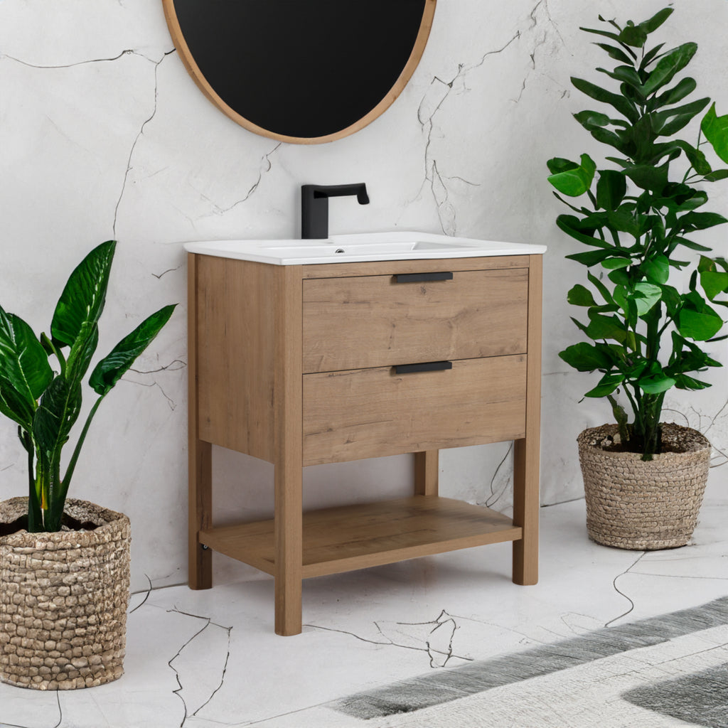 30" Freestanding Bathroom Vanity in Oak Finish with 2 Soft-Close Drawers