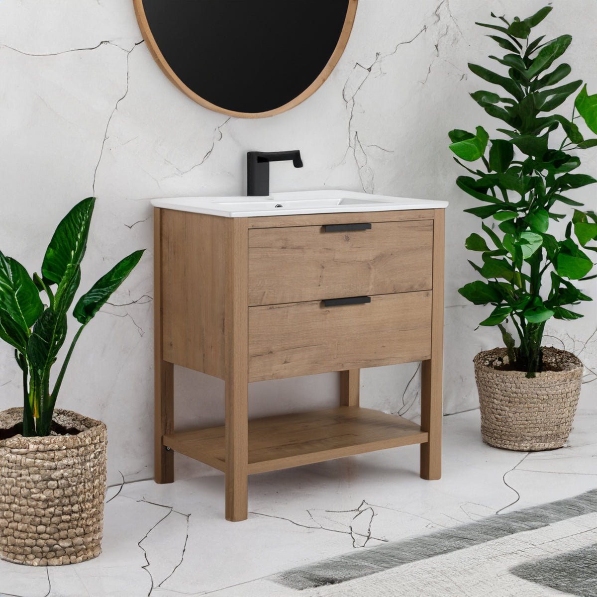 30" Freestanding Bathroom Vanity in Oak Finish with 2 Soft-Close Drawers