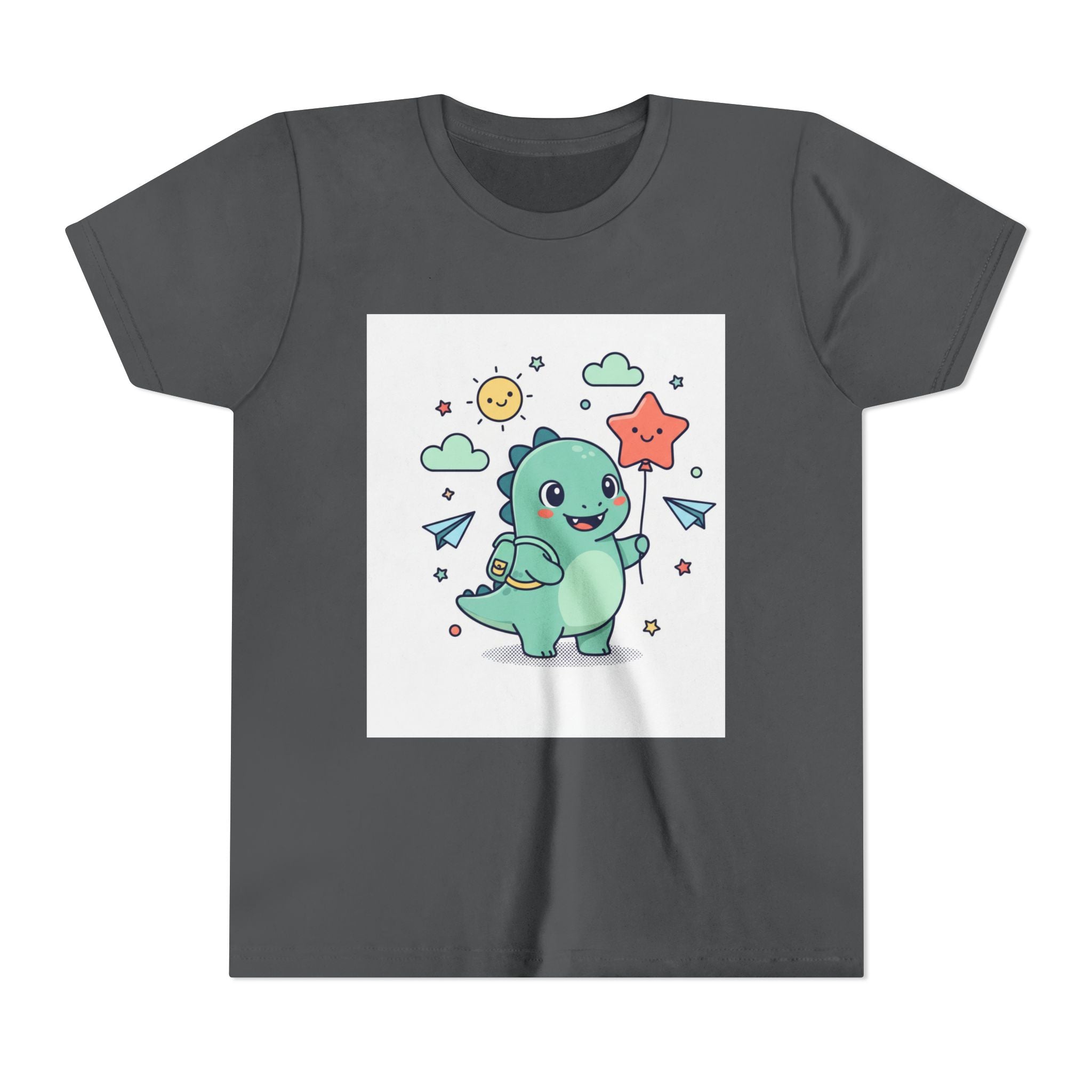 Cute Dinosaur Kids T-Shirt — Happy Dino Holding Star | Youth Short Sleeve Tee