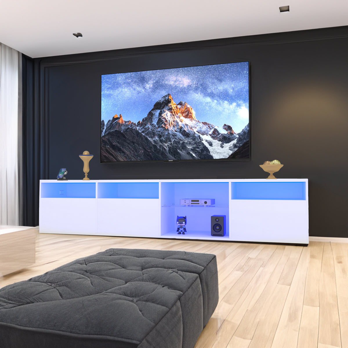 82.6-Inch White LED TV Stand with Storage & Power Outlets