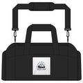 Black duffel bag with a visible brand logo on a white background