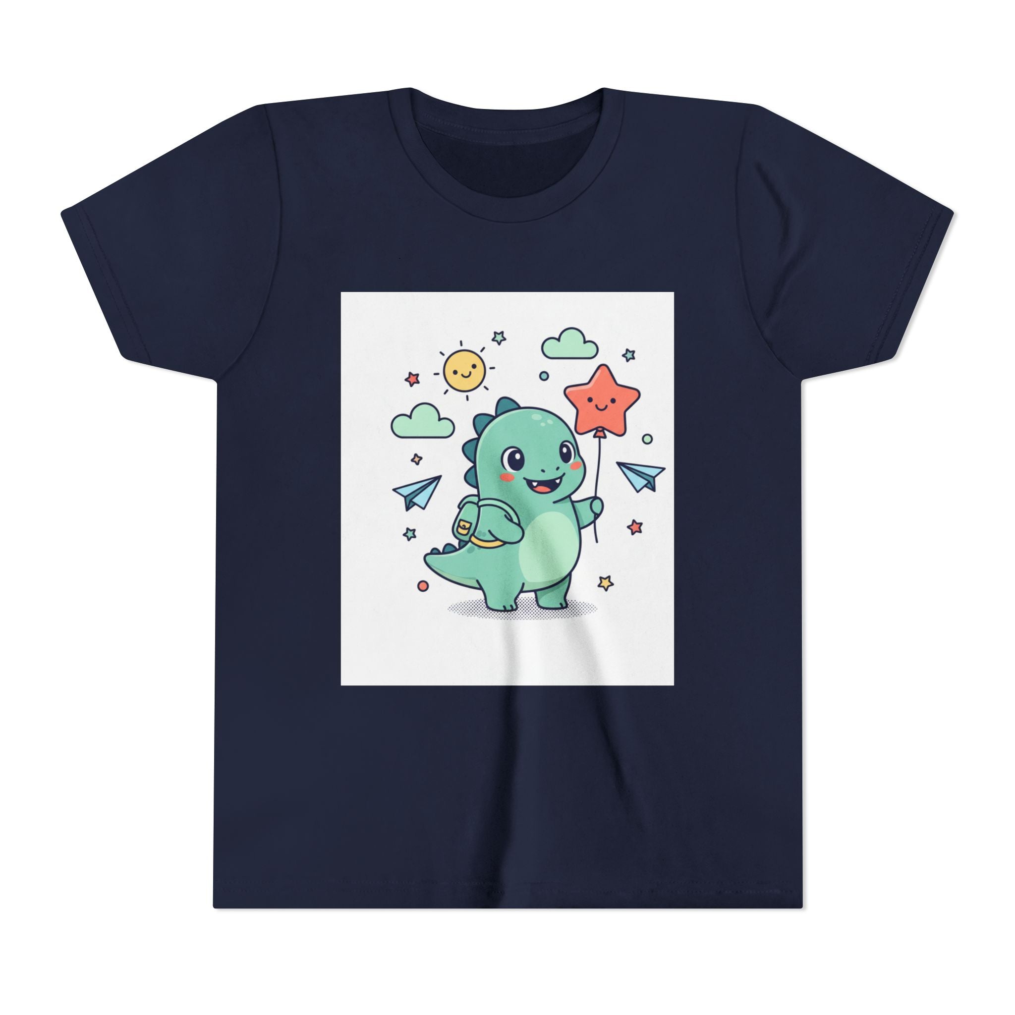 Cute Dinosaur Kids T-Shirt — Happy Dino Holding Star | Youth Short Sleeve Tee