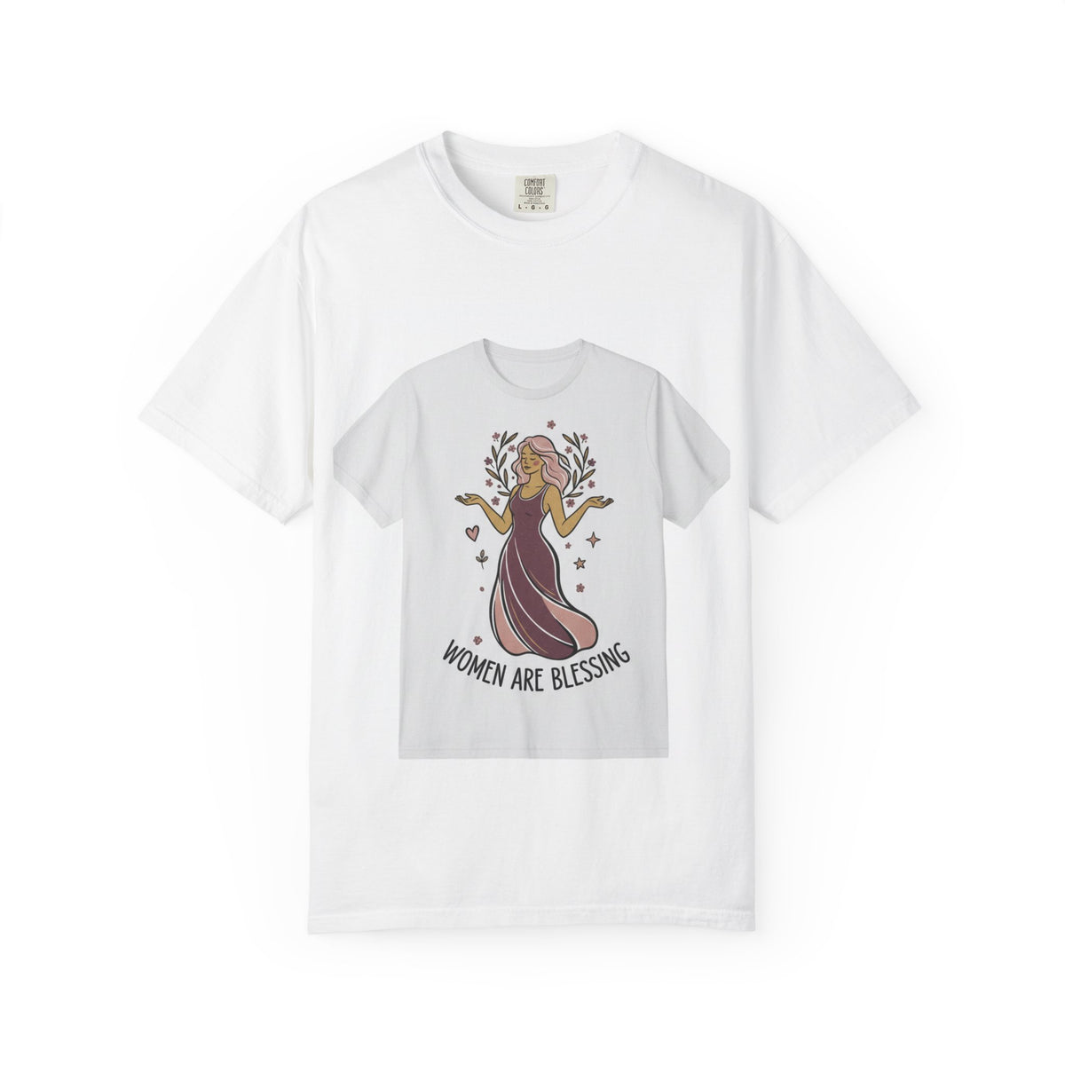 White t-shirt with graphic design of a woman in a dress and text 'Women are blessings' on a white background