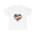 White t-shirt with a heart design and 'Valentines' text on a white background