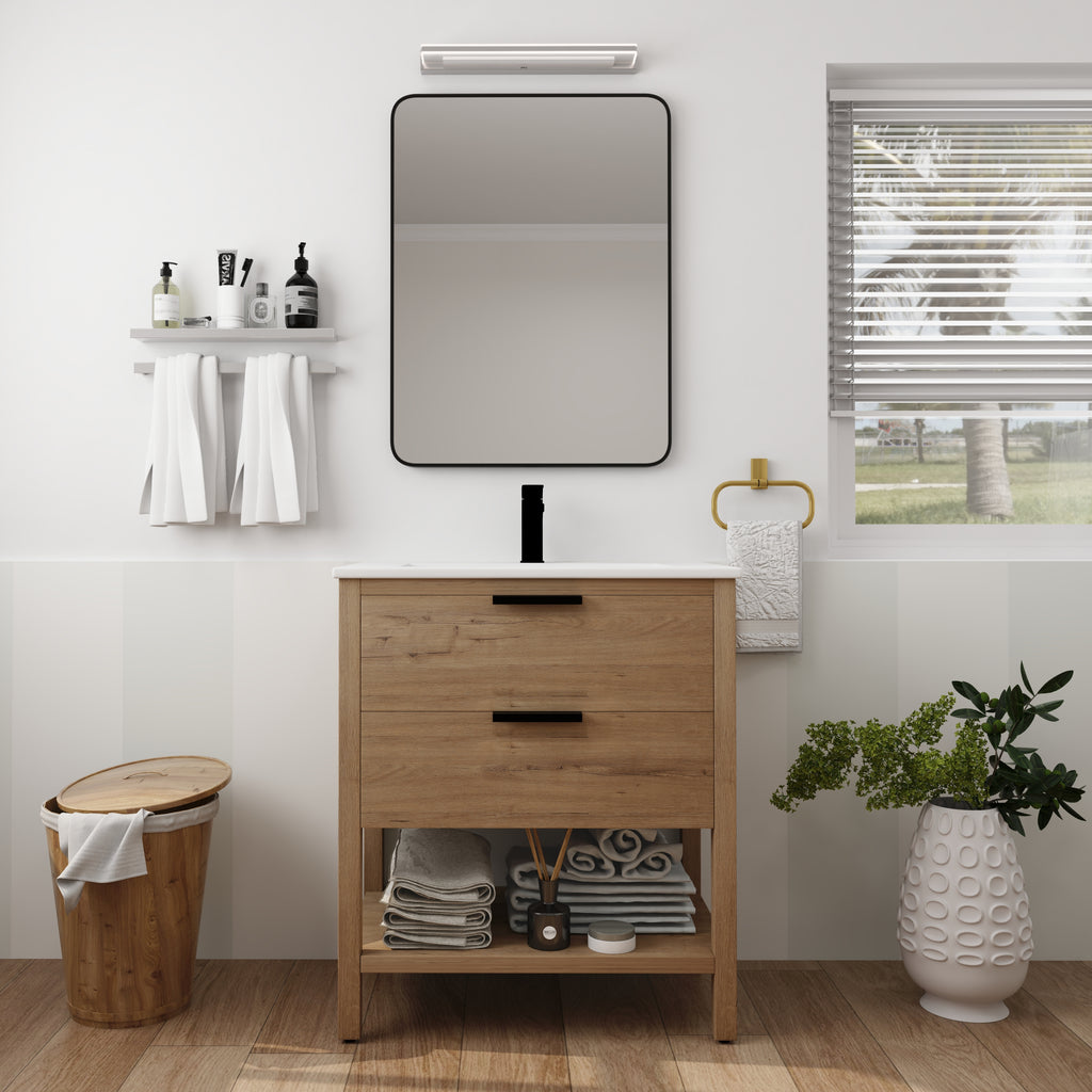 30" Freestanding Bathroom Vanity in Oak Finish with 2 Soft-Close Drawers