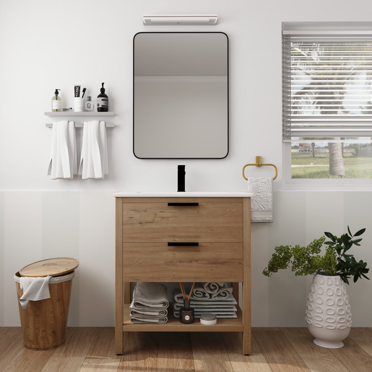 30" Freestanding Bathroom Vanity in Oak Finish with 2 Soft-Close Drawers