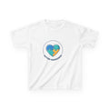 White t-shirt with autism awareness heart design on a white background