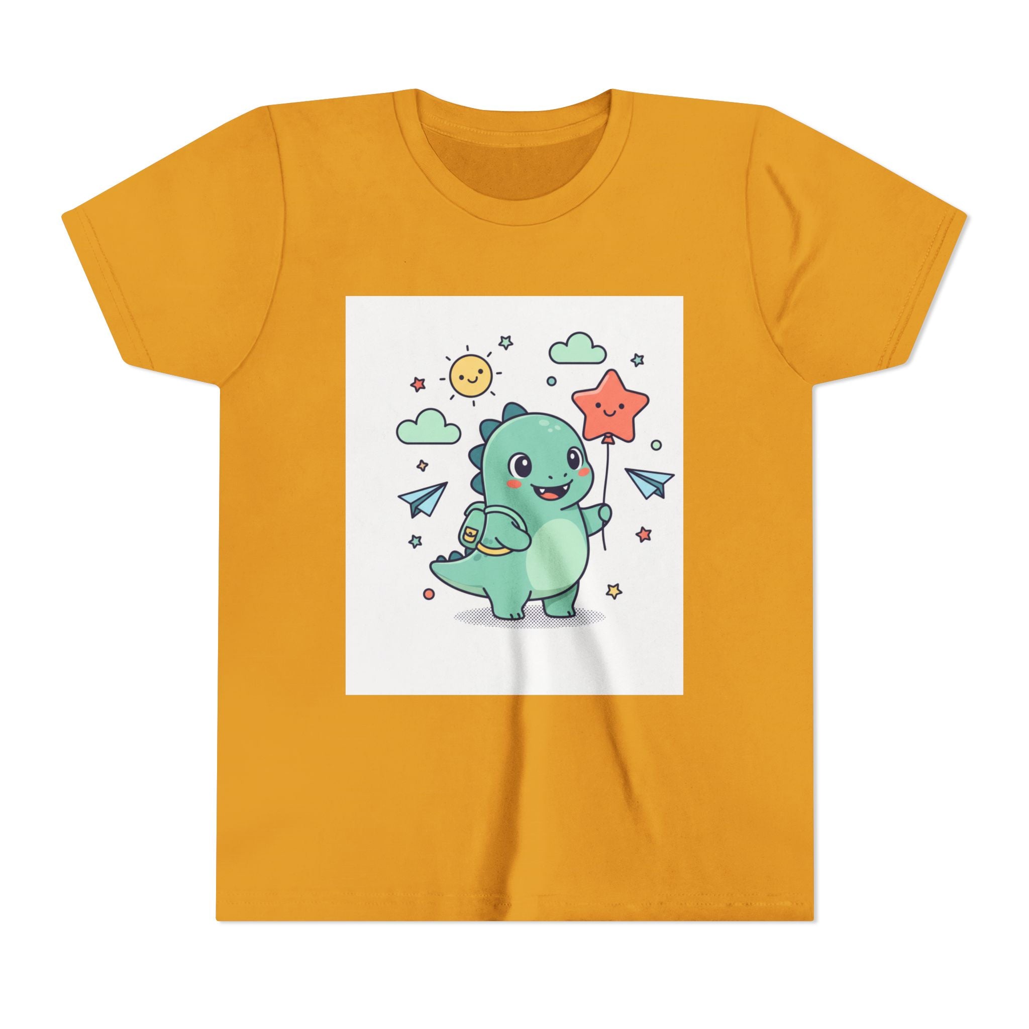 Cute Dinosaur Kids T-Shirt — Happy Dino Holding Star | Youth Short Sleeve Tee