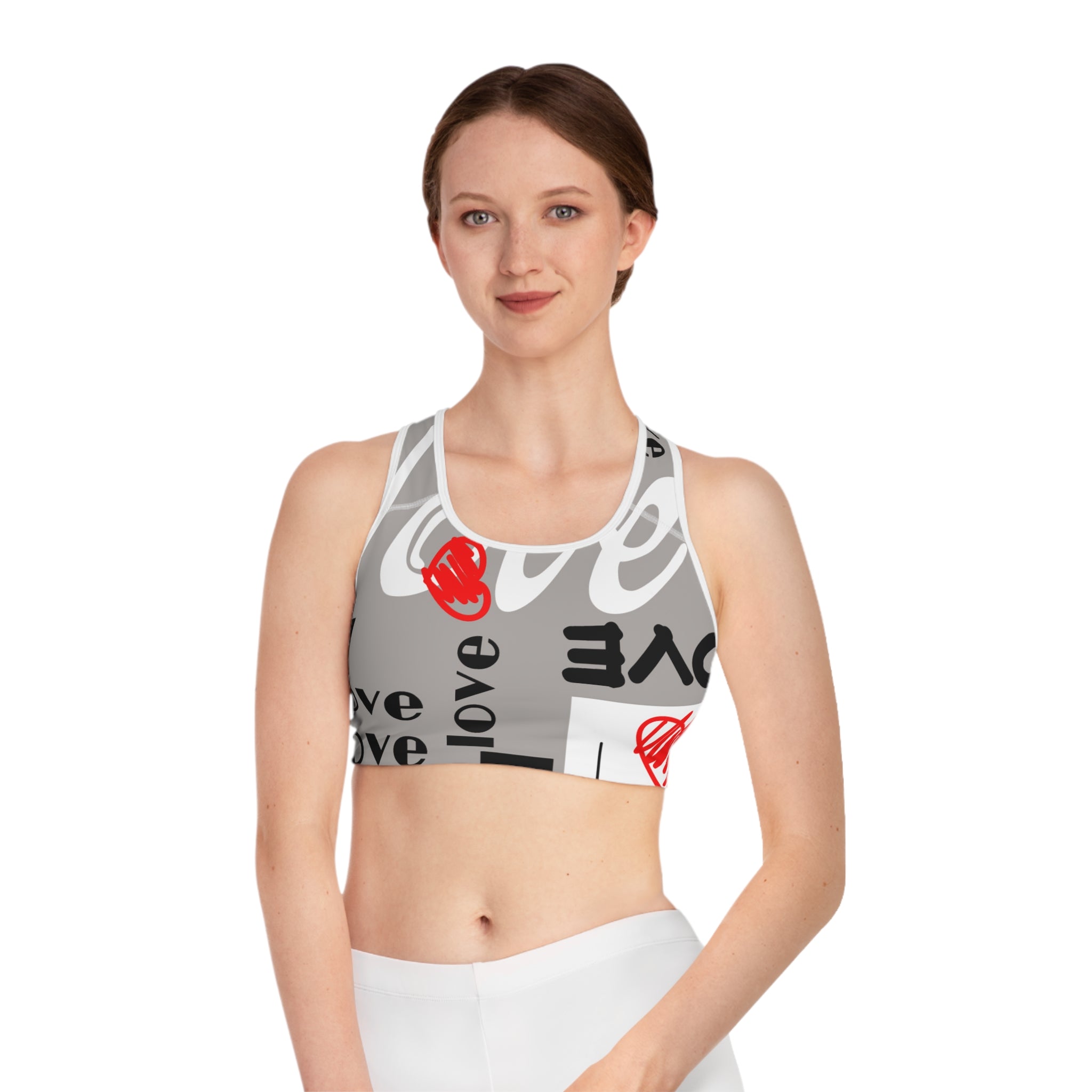 Love Pattern Sports Bra — Red Heart Graphic Athletic Crop