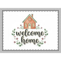 Decorative sign with a house illustration and 'welcome home' text on a white background.