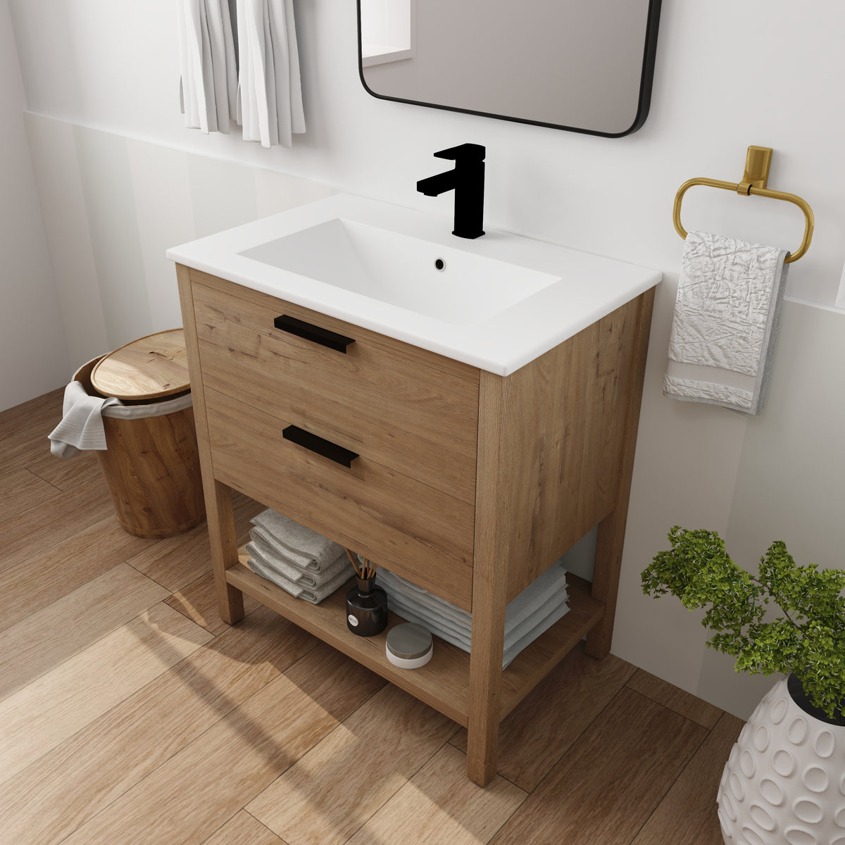 30" Freestanding Bathroom Vanity in Oak Finish with 2 Soft-Close Drawers