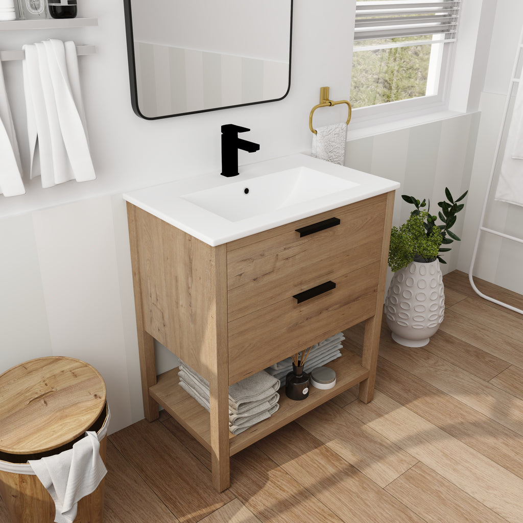 30" Freestanding Bathroom Vanity in Oak Finish with 2 Soft-Close Drawers