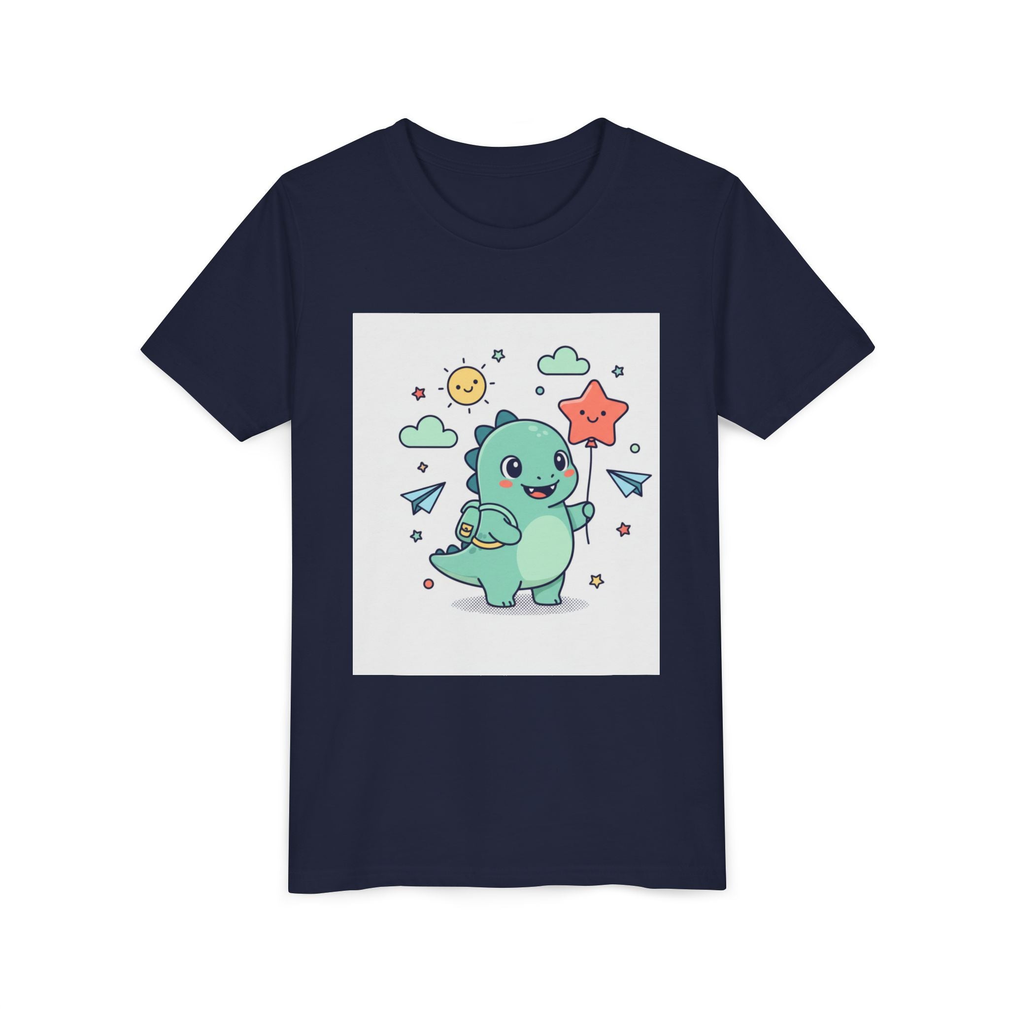 Cute Dinosaur Kids T-Shirt — Happy Dino Holding Star | Youth Short Sleeve Tee
