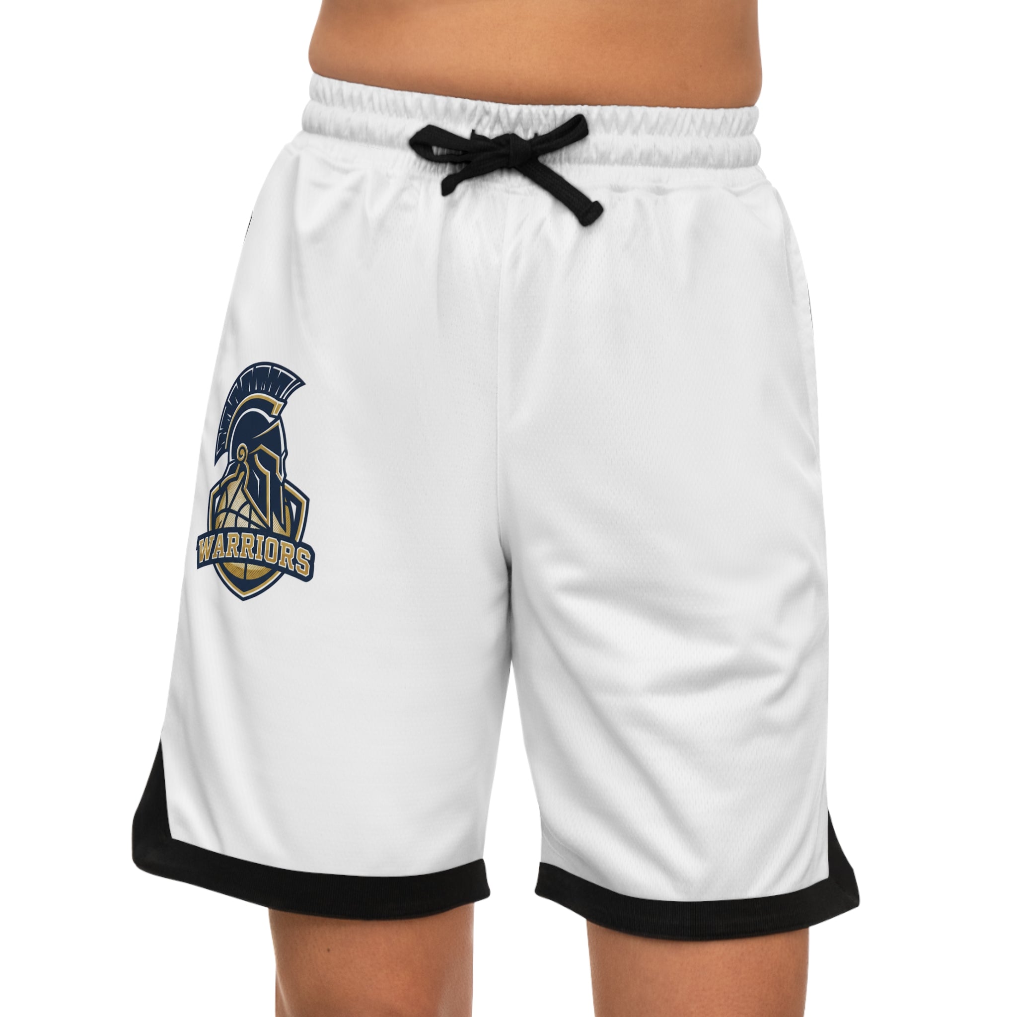 Basketball Shorts — White AOP Ribbed Athletic Shorts with Spartan Logo
