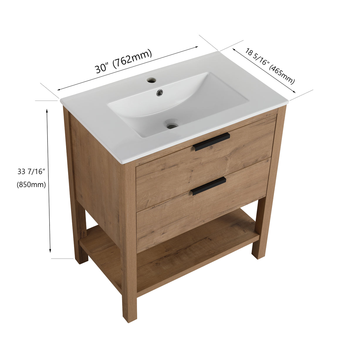 30" Freestanding Bathroom Vanity in Oak Finish with 2 Soft-Close Drawers
