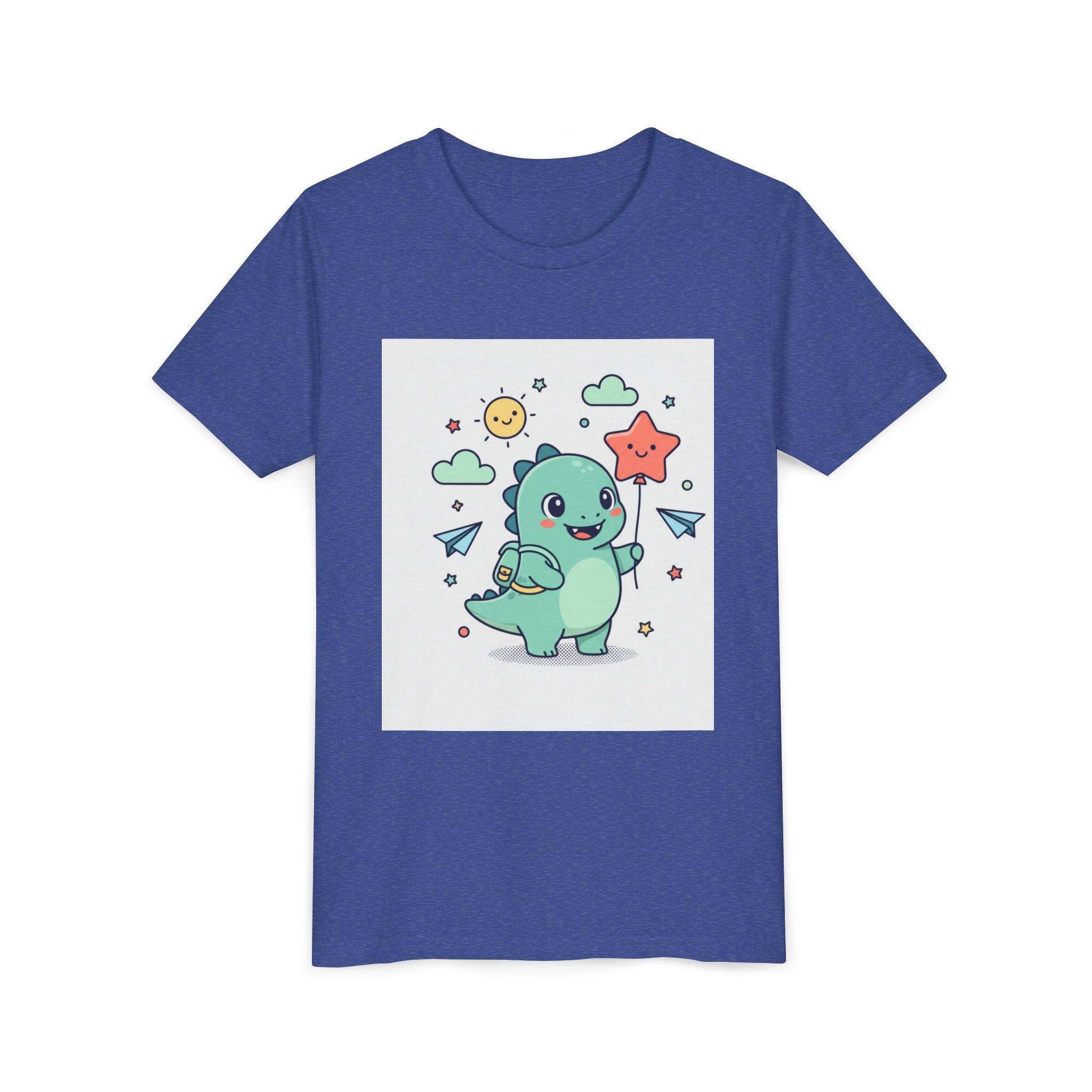 Cute Dinosaur Kids T-Shirt — Happy Dino Holding Star | Youth Short Sleeve Tee