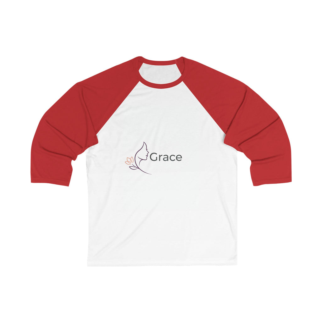 White baseball shirt with red sleeves featuring a logo and the word 'Grace' on a white background