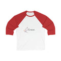 White baseball shirt with red sleeves featuring a logo and the word 'Grace' on a white background