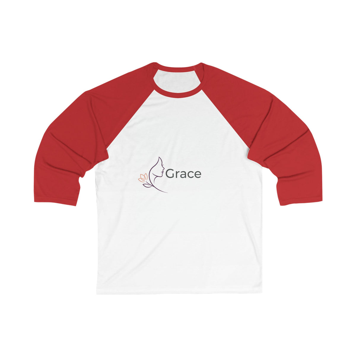 White baseball shirt with red sleeves featuring a logo and the word 'Grace' on a white background