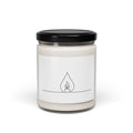 Candle jar with a black lid and white label featuring a logo on a white background