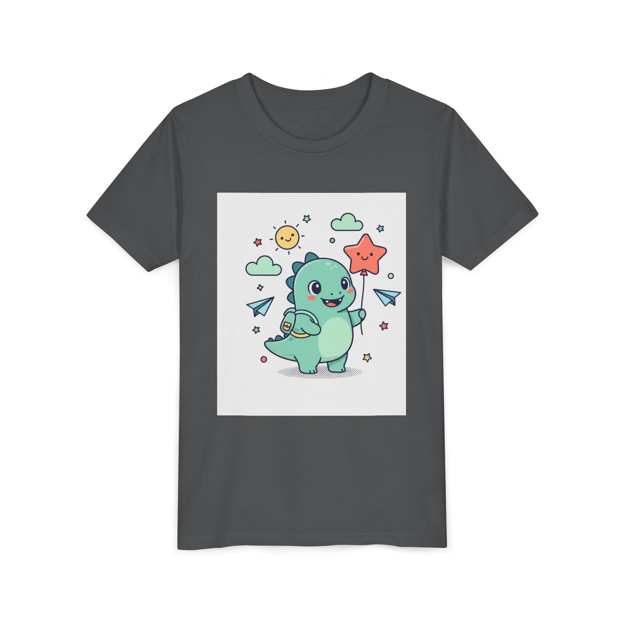 Cute Dinosaur Kids T-Shirt — Happy Dino Holding Star | Youth Short Sleeve Tee