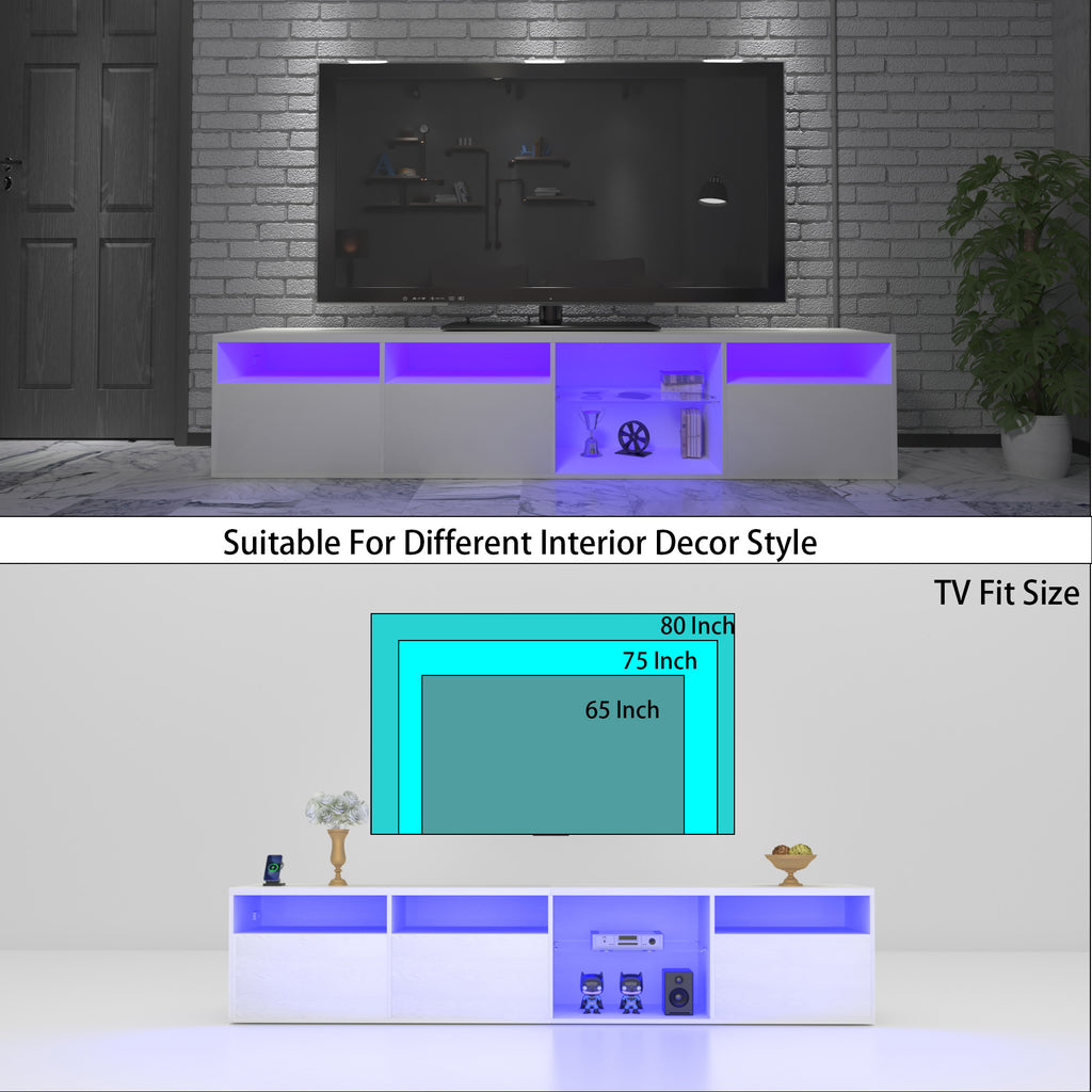 82.6-Inch White LED TV Stand with Storage & Power Outlets