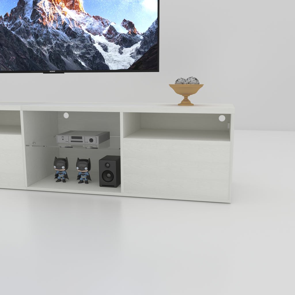 82.6-Inch White LED TV Stand with Storage & Power Outlets