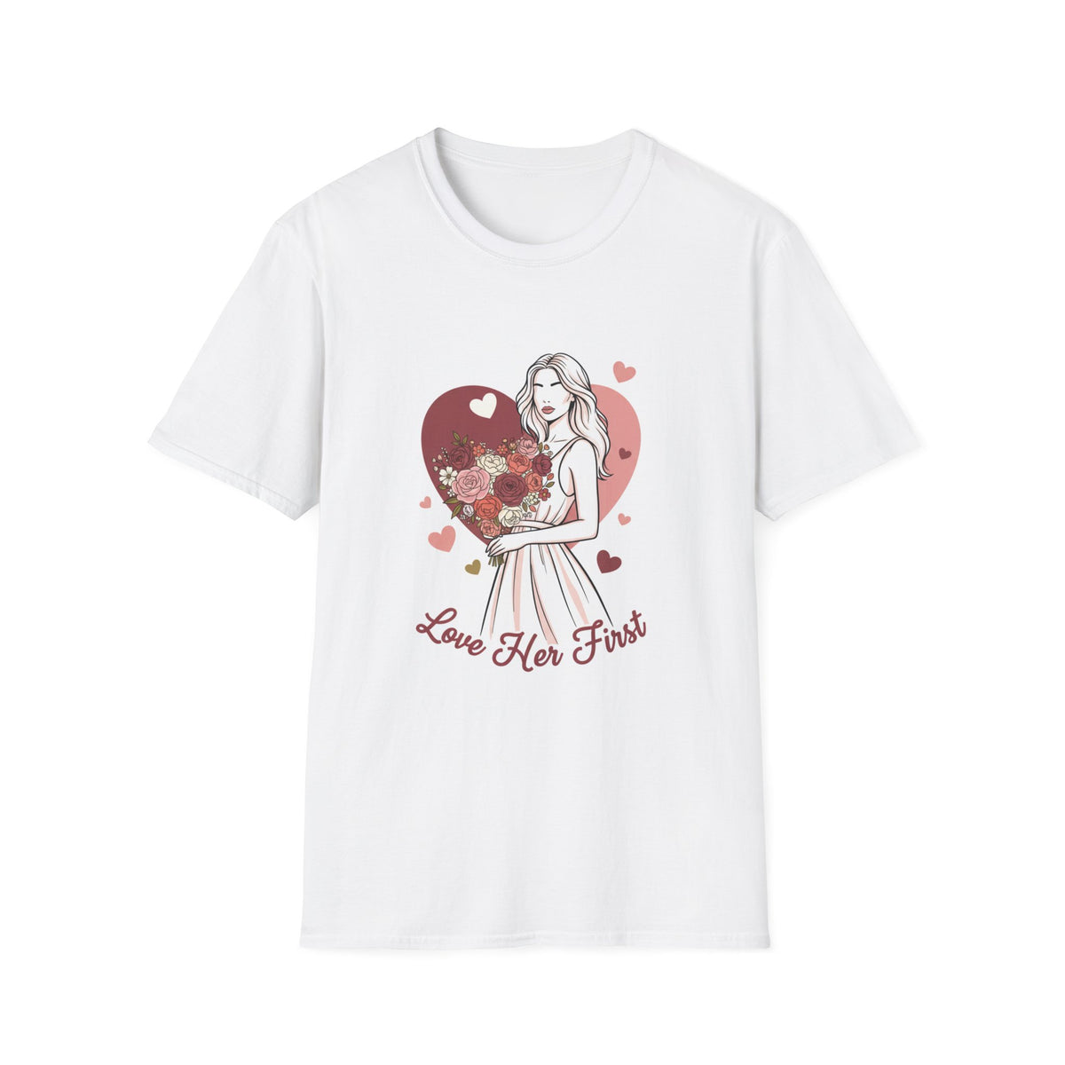 White t-shirt with a graphic design of a woman holding flowers and a heart, with 'Love Her First' text on a white background.