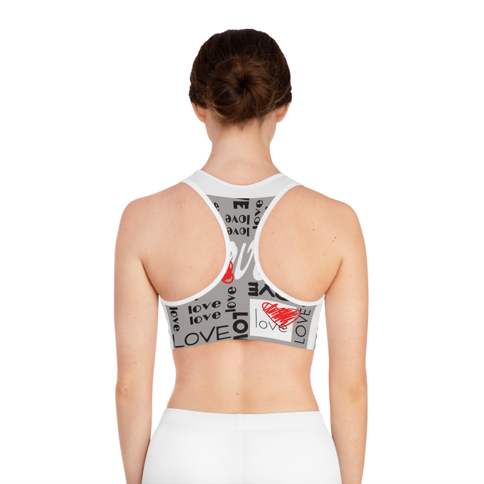 Love Pattern Sports Bra — Red Heart Graphic Athletic Crop