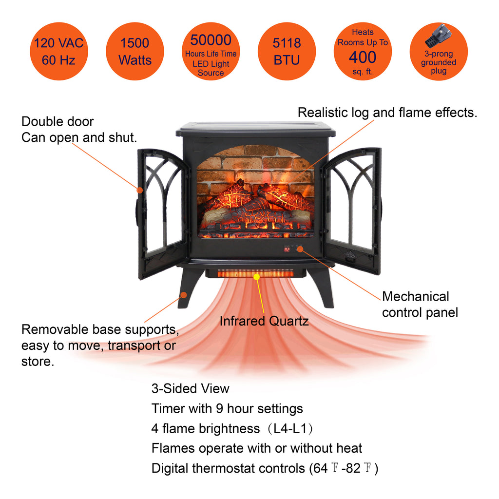 24-Inch 3D Infrared Electric Fireplace Stove with Remote