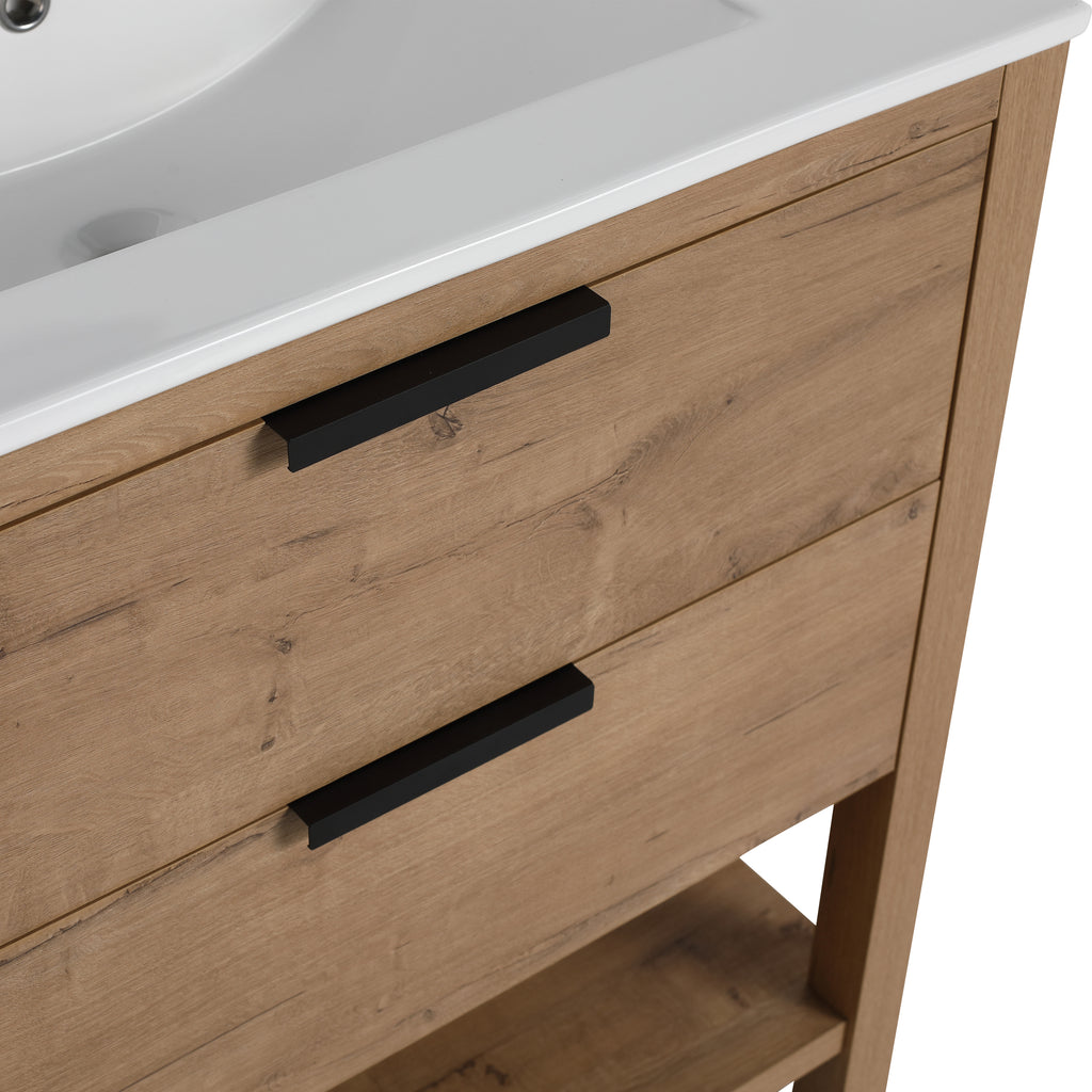 30" Freestanding Bathroom Vanity in Oak Finish with 2 Soft-Close Drawers