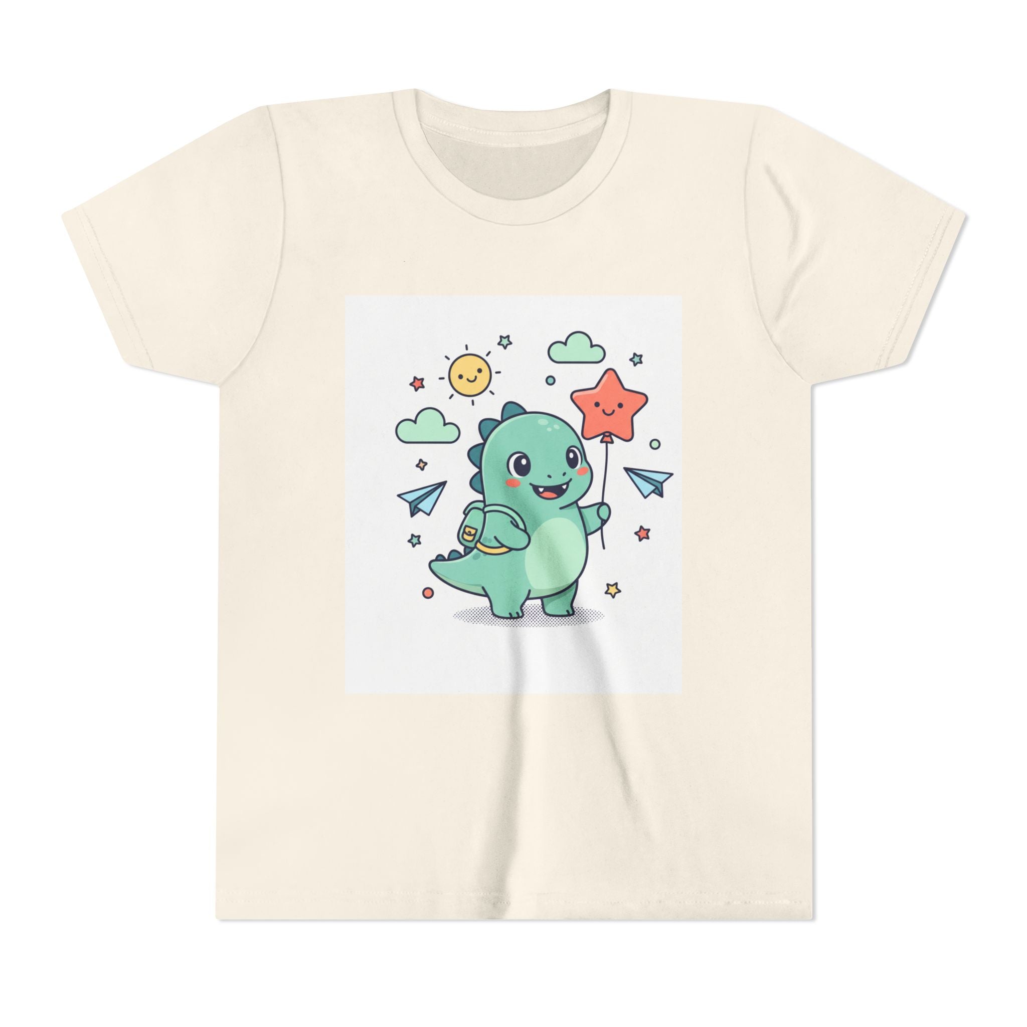 Cute Dinosaur Kids T-Shirt — Happy Dino Holding Star | Youth Short Sleeve Tee