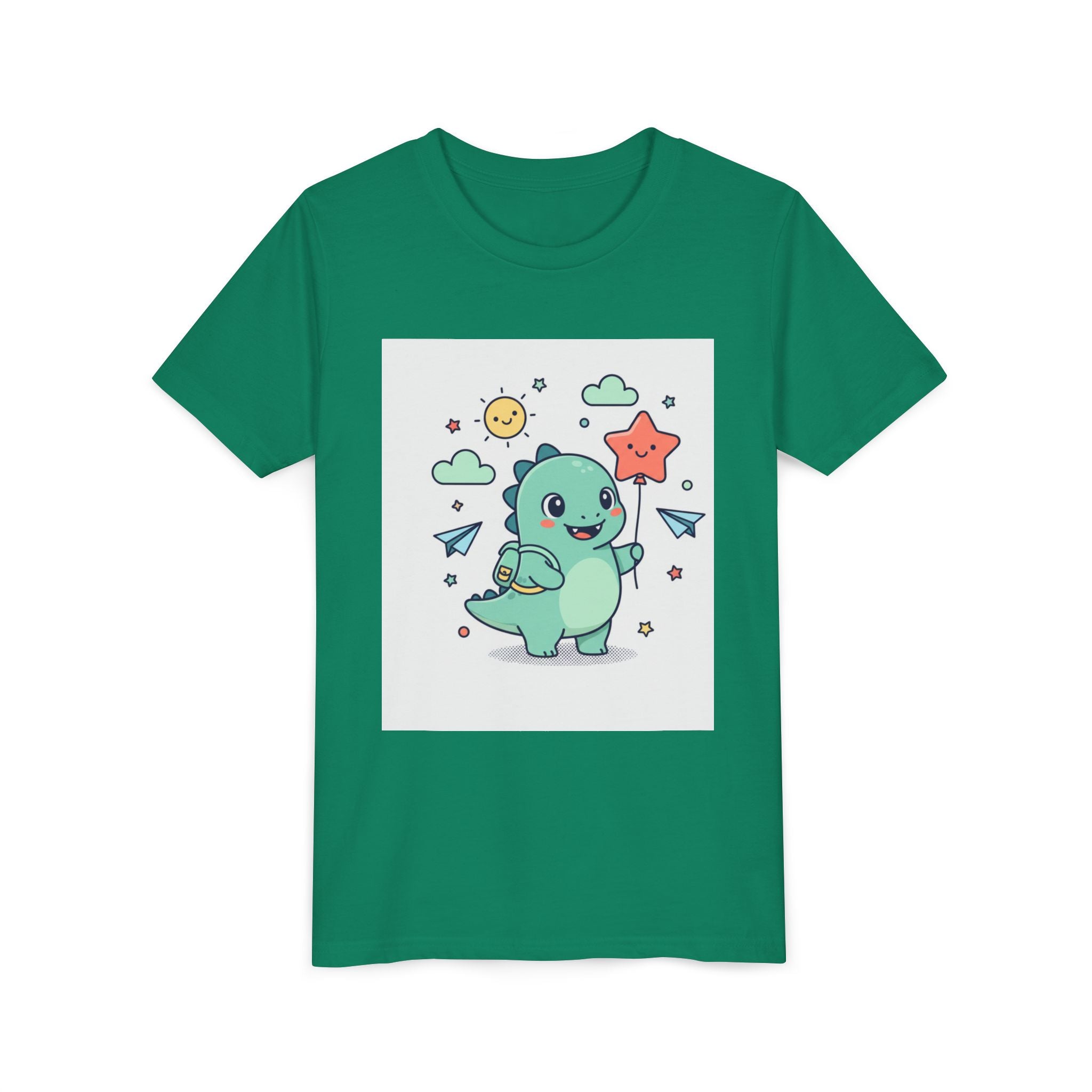Cute Dinosaur Kids T-Shirt — Happy Dino Holding Star | Youth Short Sleeve Tee