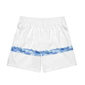 White shorts with a blue wave pattern on a white background
