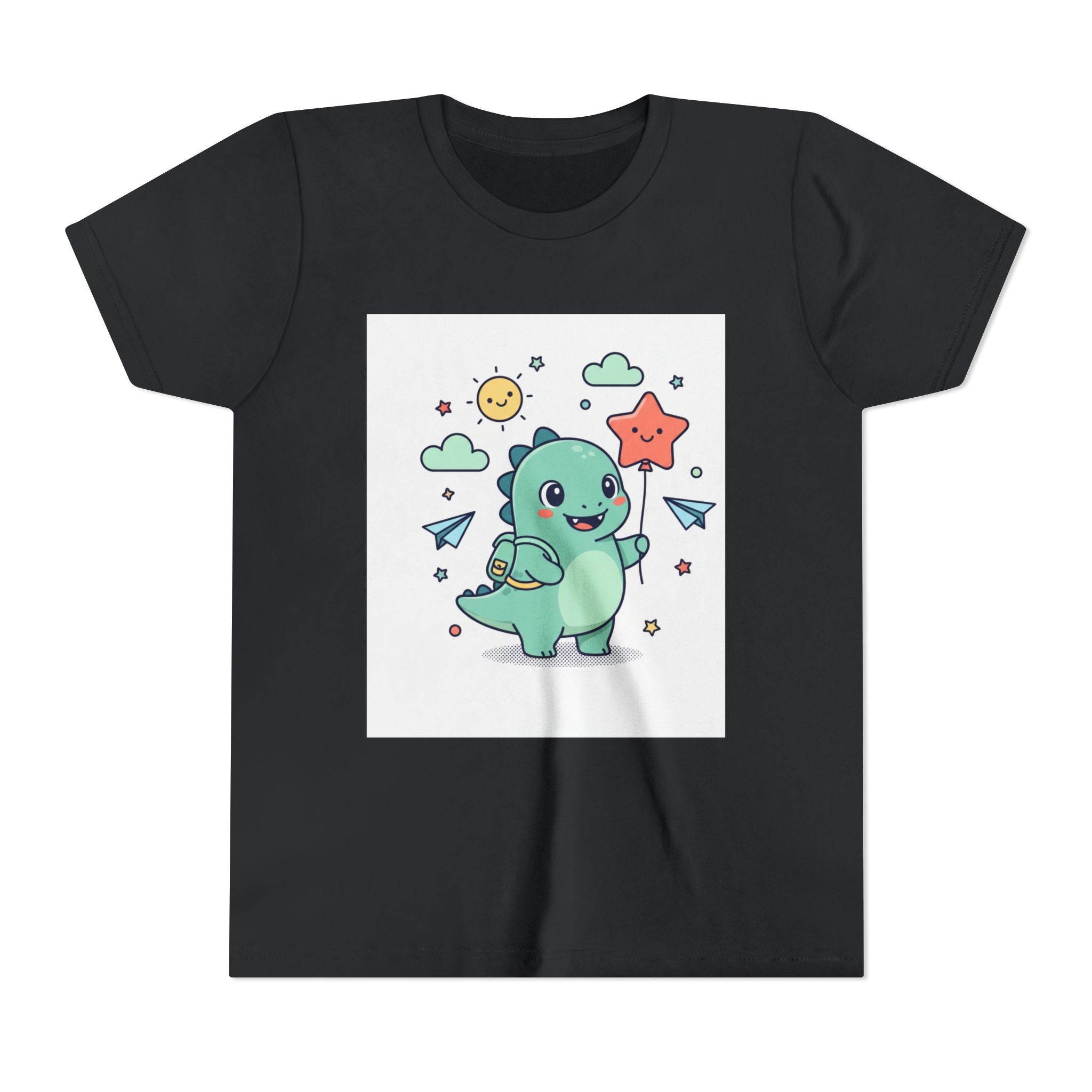 Cute Dinosaur Kids T-Shirt — Happy Dino Holding Star | Youth Short Sleeve Tee