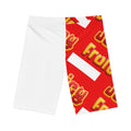 Red towel with yellow text on a white background