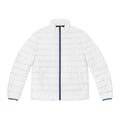 White puffer jacket with navy trim on a white background