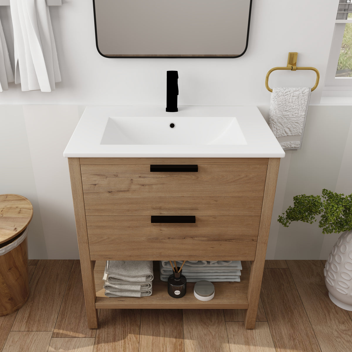 30" Freestanding Bathroom Vanity in Oak Finish with 2 Soft-Close Drawers