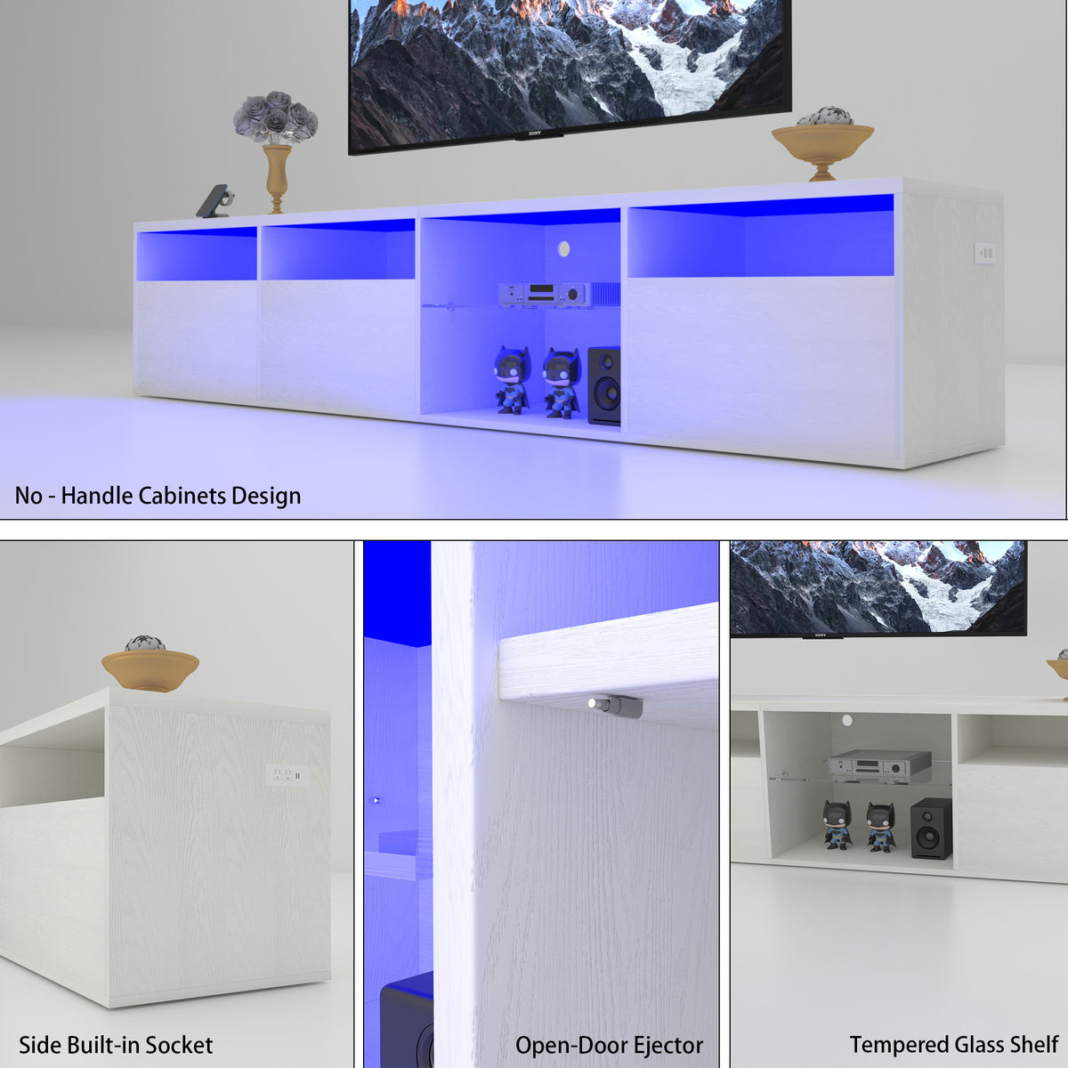 82.6-Inch White LED TV Stand with Storage & Power Outlets