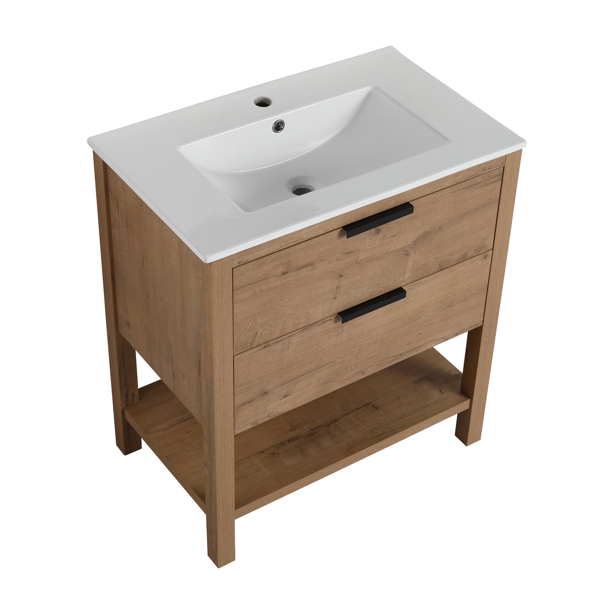 30" Freestanding Bathroom Vanity in Oak Finish with 2 Soft-Close Drawers