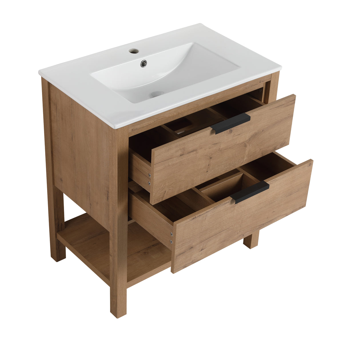 30" Freestanding Bathroom Vanity in Oak Finish with 2 Soft-Close Drawers