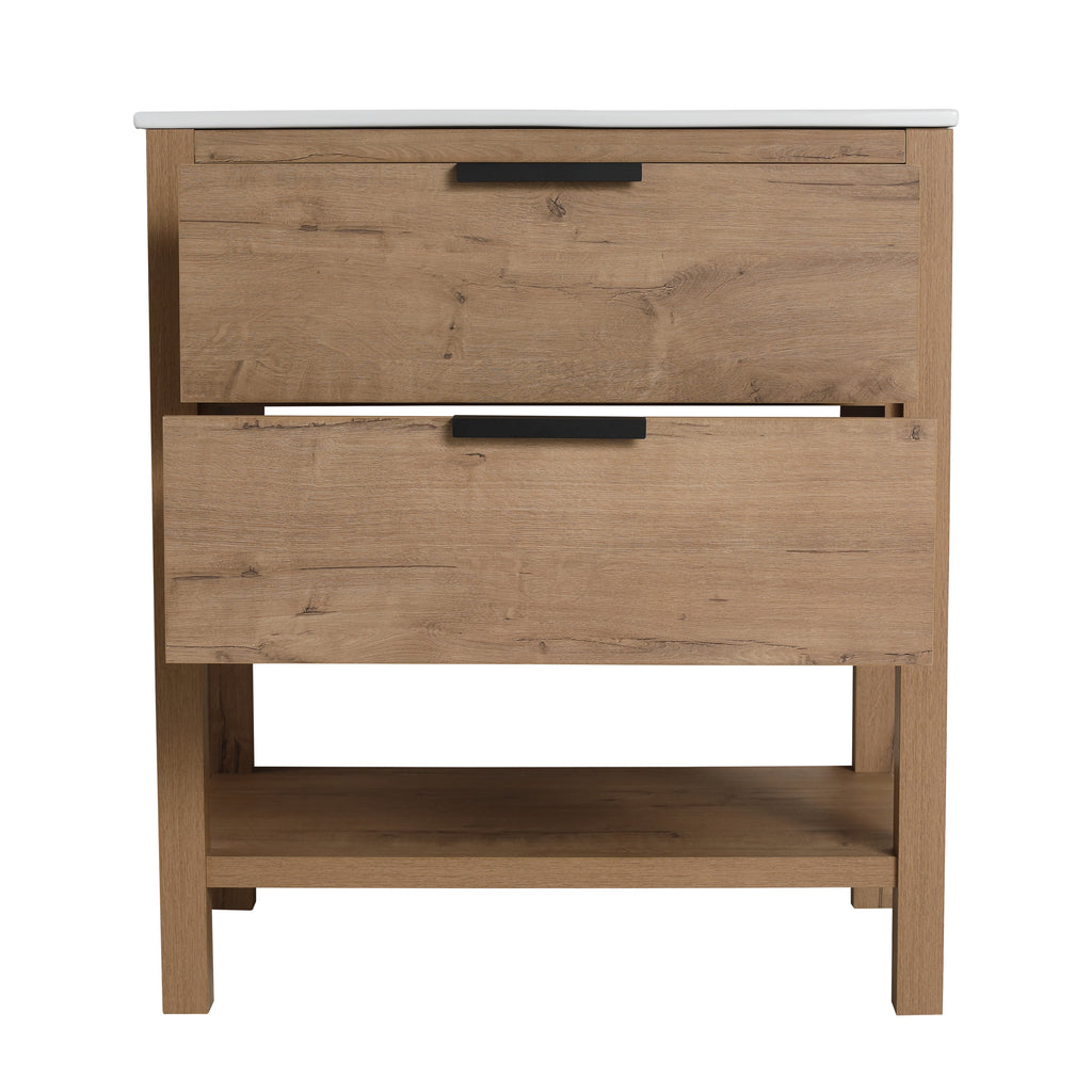 30" Freestanding Bathroom Vanity in Oak Finish with 2 Soft-Close Drawers