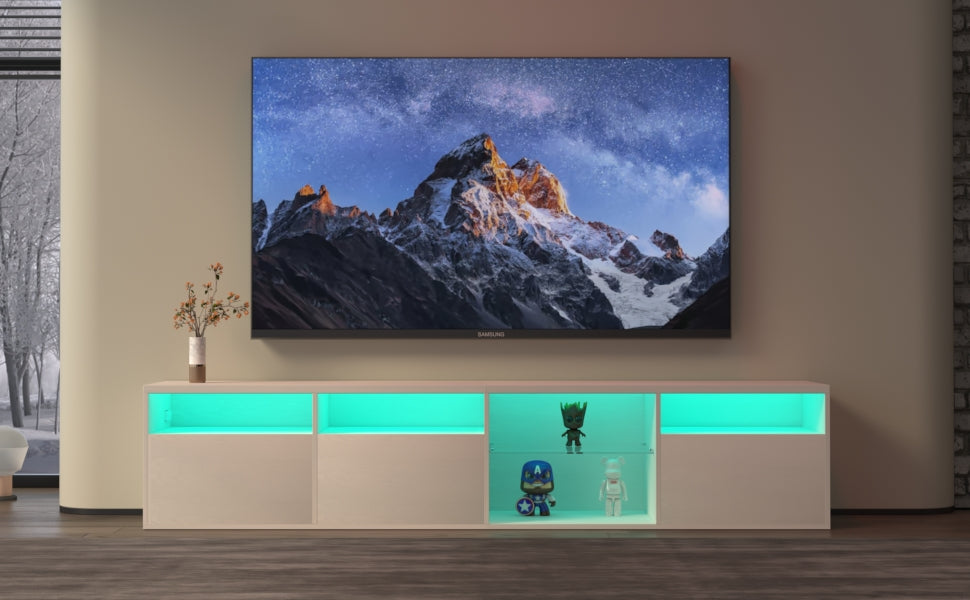 82.6-Inch White LED TV Stand with Storage & Power Outlets