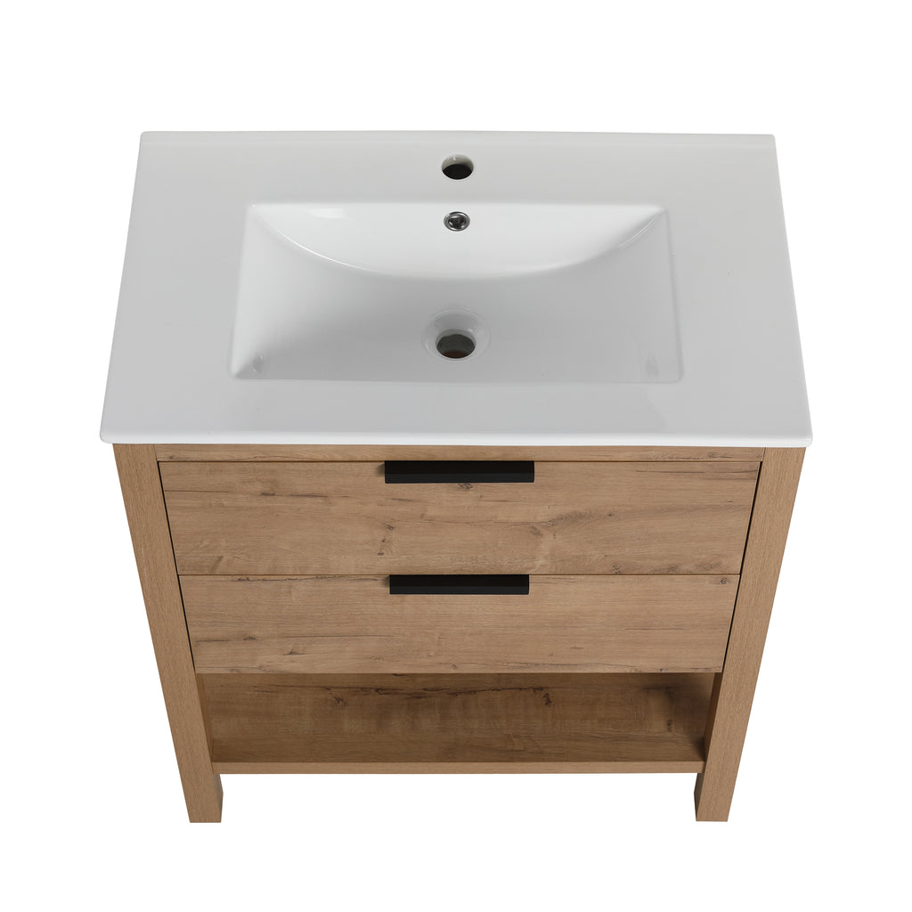 30" Freestanding Bathroom Vanity in Oak Finish with 2 Soft-Close Drawers