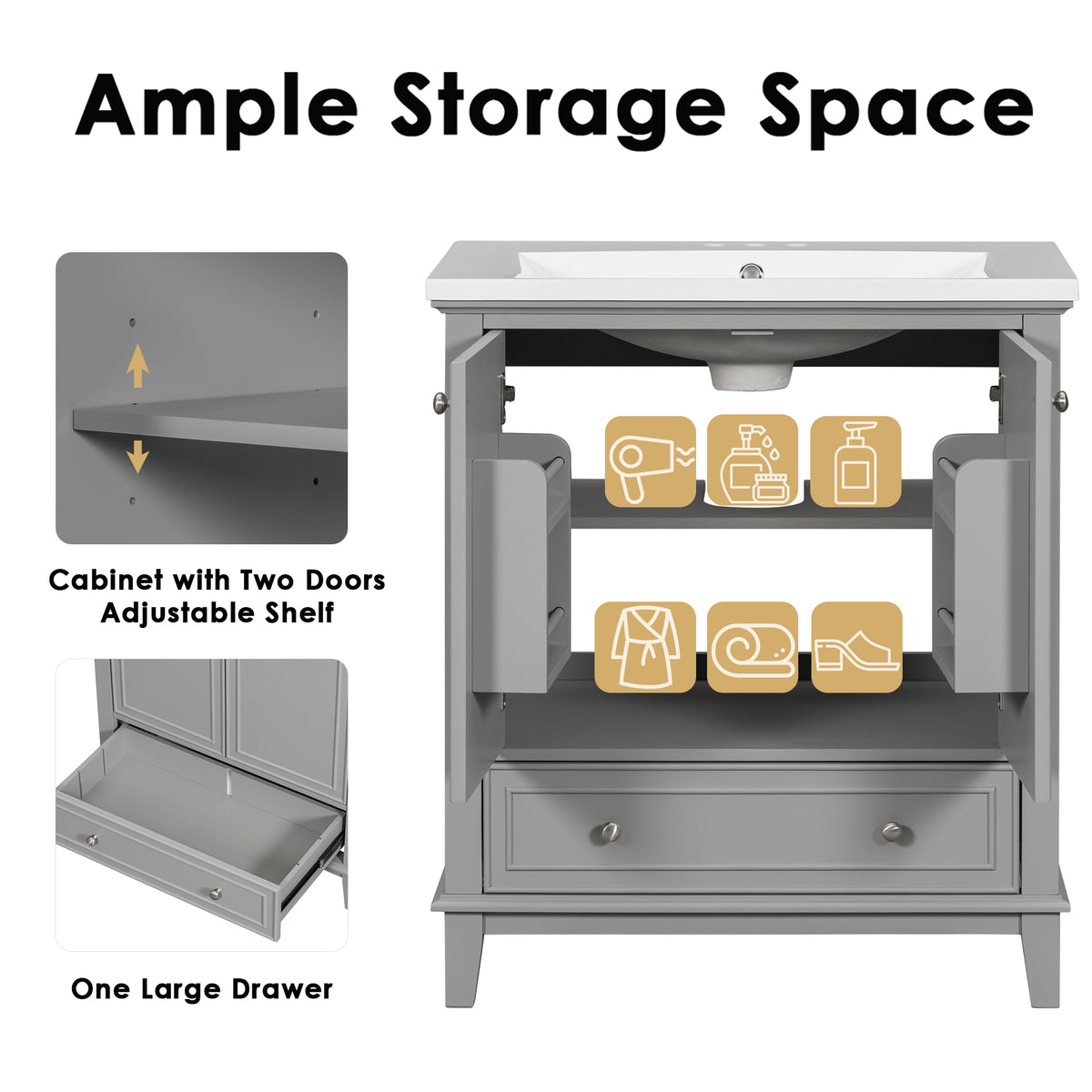 30-Inch Gray Bathroom Vanity Base with Storage – Cabinet Only