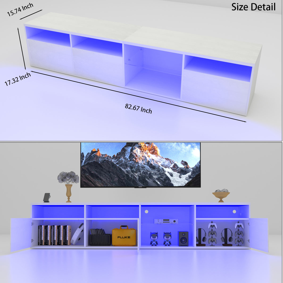 82.6-Inch White LED TV Stand with Storage & Power Outlets