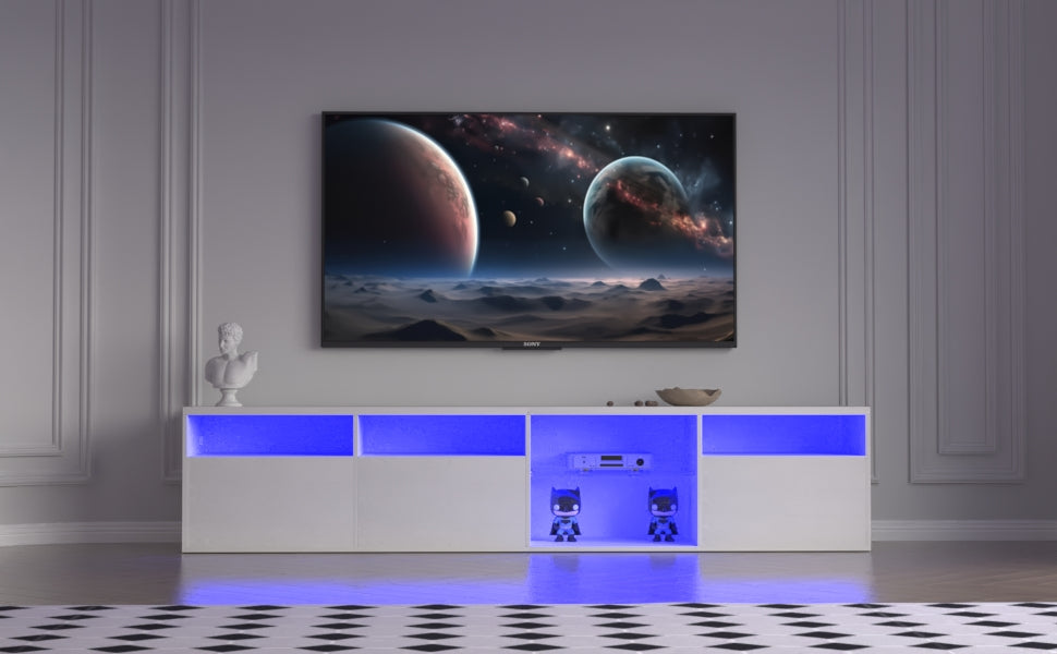 82.6-Inch White LED TV Stand with Storage & Power Outlets